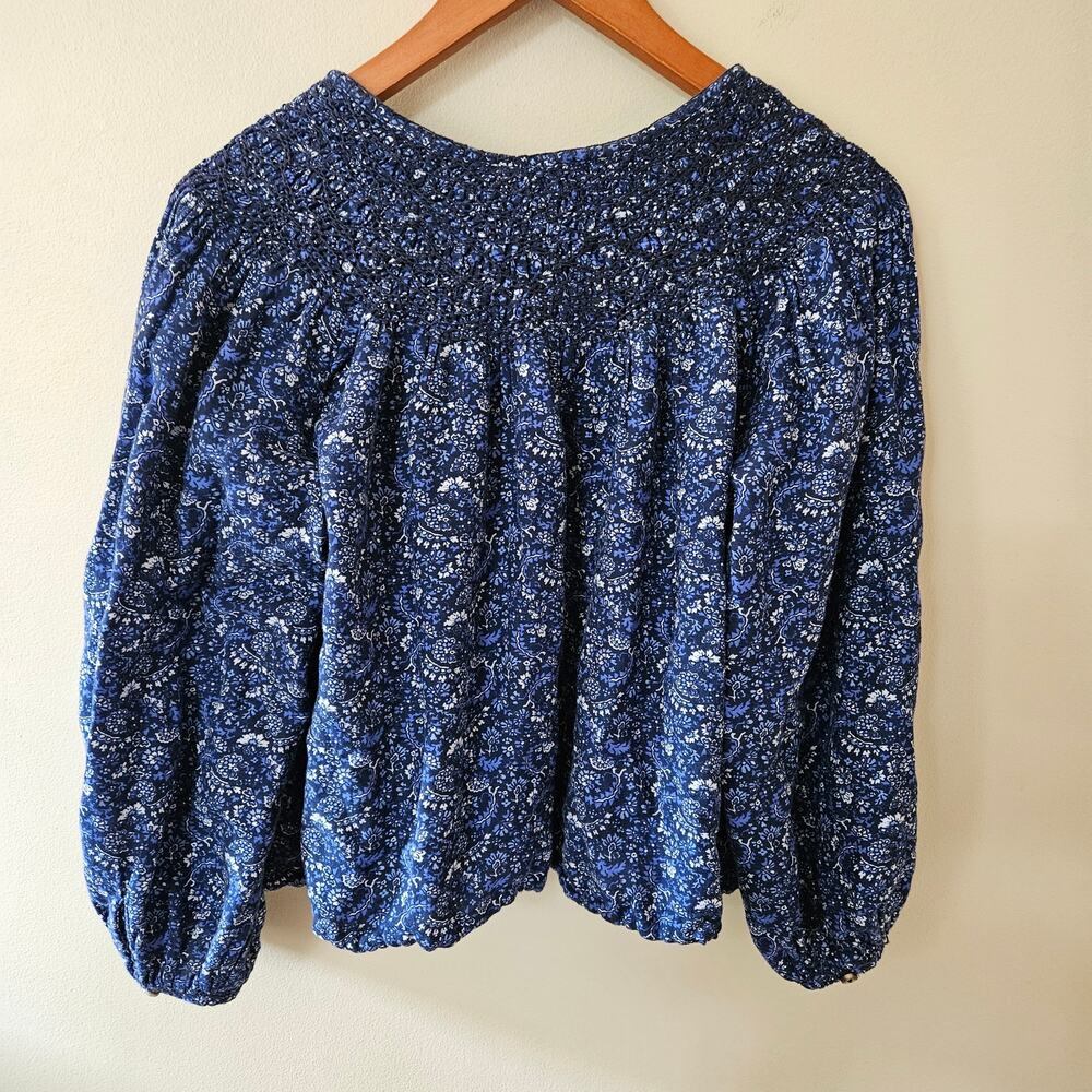 Lucky Brand Women's Peasant Top, Size L Floral Tassel Boho Blue Cottage - Picture 6 of 7